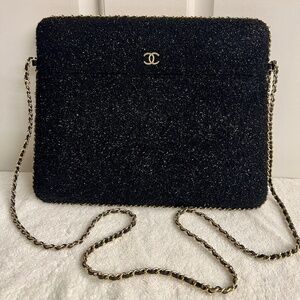 LIKE NEW Chanel Black Sparkle Tweed Tablet Case/Purse With Chain Strap